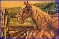 Original Oil Painting Folk Art Landscape with Horses 1896