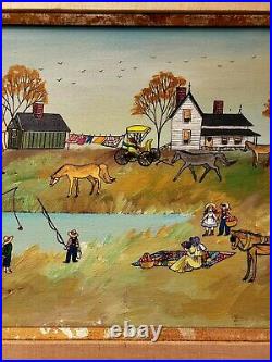 Original Oil Painting Jo Sickbert Primitive Folk Art Summer Village 20x 32 Frame