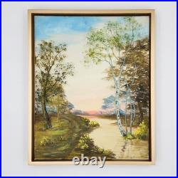 Original Oil Painting Landscape Birch Trees Sunset Over River Signed Framed Art
