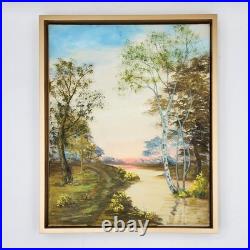 Original Oil Painting Landscape Birch Trees Sunset Over River Signed Framed Art
