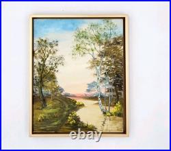 Original Oil Painting Landscape Birch Trees Sunset Over River Signed Framed Art