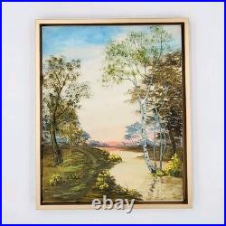 Original Oil Painting Landscape Birch Trees Sunset Over River Signed Framed Art