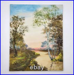 Original Oil Painting Landscape Birch Trees Sunset Over River Signed Framed Art