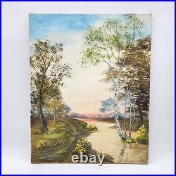 Original Oil Painting Landscape Birch Trees Sunset Over River Signed Framed Art