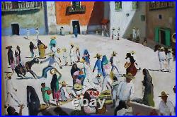 Original Oil Painting Saturday Market Mexico Folk Art Primitive Framed Signed