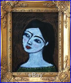 Original Oil Pastel Folk Art Spanish Lady Girl Face Dark Hair Portrait framed
