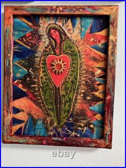 Original Our Lady of Guadelupe painting Mixed Media Folk 16x20