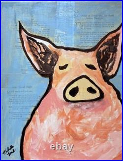 Original Outsider Folk Art Pig Painting Close Up Vintage Paper Collage wall art