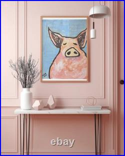 Original Outsider Folk Art Pig Painting Close Up Vintage Paper Collage wall art