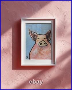Original Outsider Folk Art Pig Painting Close Up Vintage Paper Collage wall art