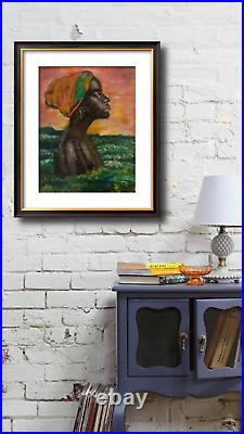 Original Painting African American Woman Oil Pastel Folk Art Unframed Signed