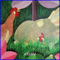 Original Painting Haitian Art Elie Woosevelt Haiti Chickens Forest 24x20