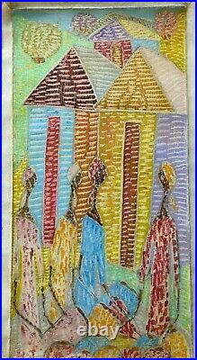 Original Painting Haitian Art Hilome Jose City/village Haiti 24x12 Encaustic