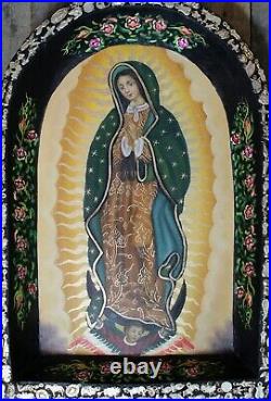 Original Painting & Milagros Retablo Wood Our Lady of Guadalupe Mexican Folk Art