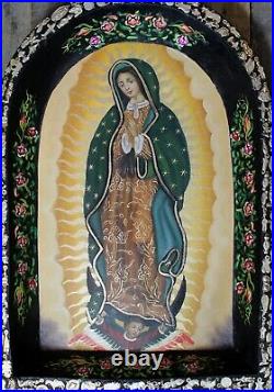 Original Painting & Milagros Retablo Wood Our Lady of Guadalupe Mexican Folk Art
