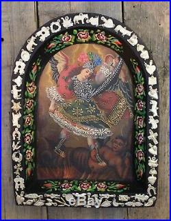 Original Painting & Mliagro Retablo St Michael Defeats Devil Mexican Folk Art