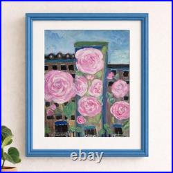 Original Pink Rose Cityscape Painting Acrylic Folk Art Floral Wall Decor