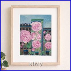 Original Pink Rose Cityscape Painting Acrylic Folk Art Floral Wall Decor