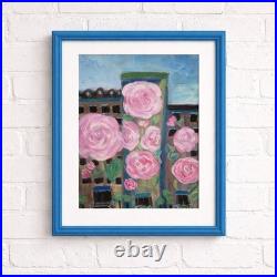 Original Pink Rose Cityscape Painting Acrylic Folk Art Floral Wall Decor