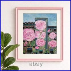 Original Pink Rose Cityscape Painting Acrylic Folk Art Floral Wall Decor