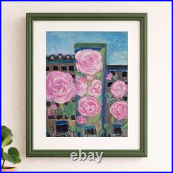 Original Pink Rose Cityscape Painting Acrylic Folk Art Floral Wall Decor