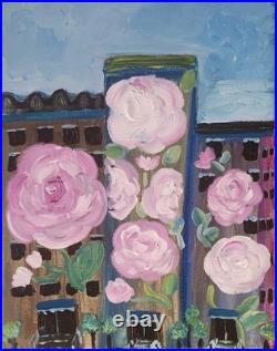 Original Pink Rose Cityscape Painting Acrylic Folk Art Floral Wall Decor