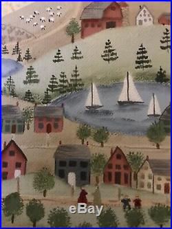 Original Primitive Folk Art Painting Rural Community In Style Of Bayer/Moses