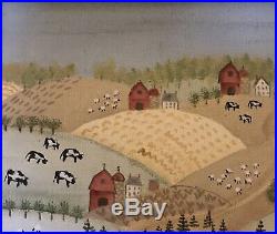 Original Primitive Folk Art Painting Rural Community In Style Of Bayer/Moses