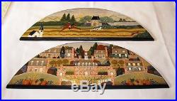 Original Primitive Folk Art Painting Wood Panels English Fox Hunt Village Scene