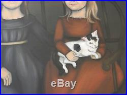 Original Primitive Painting Two Girls & Cat Framed Greenwitch Folk Art 31.5 x 25