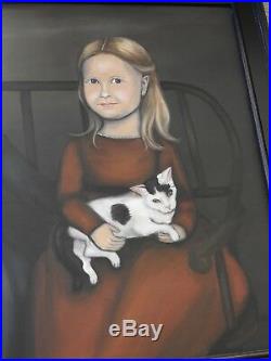 Original Primitive Painting Two Girls & Cat Framed Greenwitch Folk Art 31.5 x 25