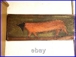 Original Ralph Eno Painting on Board Old Paint Folk Art Red Bull Vintage Listed