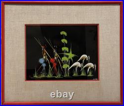 Original Signed African Folk Art Framed Matted Painting, Vintage Decor Gifts