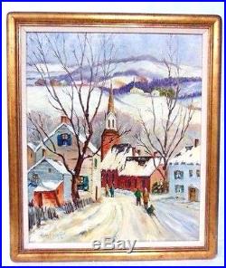 Original Signed Folk Art MARY SCHULTZ Winter Town Scene Kids, Sleds-NICE FRAME