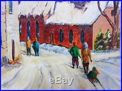 Original Signed Folk Art MARY SCHULTZ Winter Town Scene Kids, Sleds-NICE FRAME