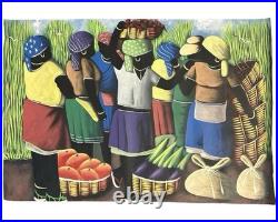Original Signed Haitian Folk Art Oil on Canvas Caribbean Naive Art Painting #2