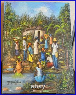 Original Signed M Michel Haitian Folk Art Oil Painting Market Village 12x16