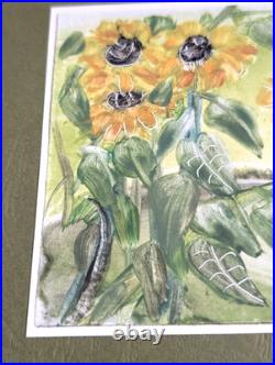 Original Signed Sunflower Mixed Media Painting Botanical Folk Art Miniature