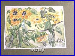Original Signed Sunflower Mixed Media Painting Botanical Folk Art Miniature