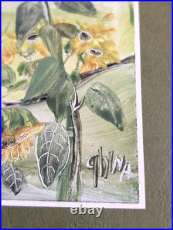 Original Signed Sunflower Mixed Media Painting Botanical Folk Art Miniature