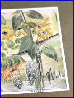 Original Signed Sunflower Mixed Media Painting Botanical Folk Art Miniature