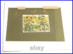 Original Signed Sunflower Mixed Media Painting Botanical Folk Art Miniature