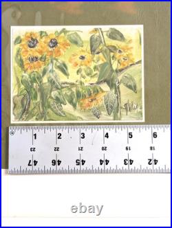 Original Signed Sunflower Mixed Media Painting Botanical Folk Art Miniature