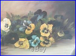 Original Victorian Pansy Floral Oil Painting Antique Folk Art Country Primitive