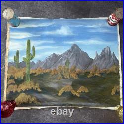 Original Vintage Folk Art Southwest Desert Landscape Painting 30x24 Mountain Wow