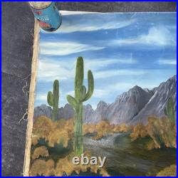 Original Vintage Folk Art Southwest Desert Landscape Painting 30x24 Mountain Wow