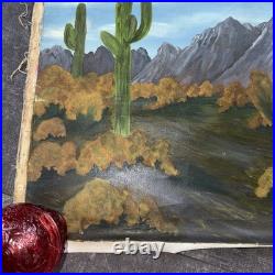 Original Vintage Folk Art Southwest Desert Landscape Painting 30x24 Mountain Wow