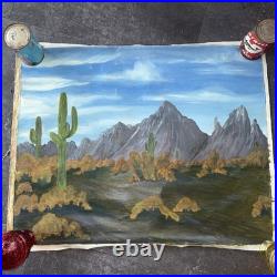 Original Vintage Folk Art Southwest Desert Landscape Painting 30x24 Mountain Wow