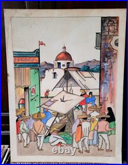 Original Vintage Jorge A Murillo Watercolor Village Market Scene Folk Art 18x24 Original Vintage Jorge A Murillo Watercolor Village Market Scene Folk Art 18x24