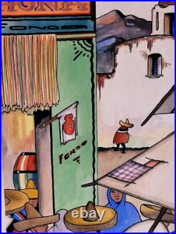 Original Vintage Jorge A Murillo Watercolor Village Market Scene Folk Art 18x24 Original Vintage Jorge A Murillo Watercolor Village Market Scene Folk Art 18x24